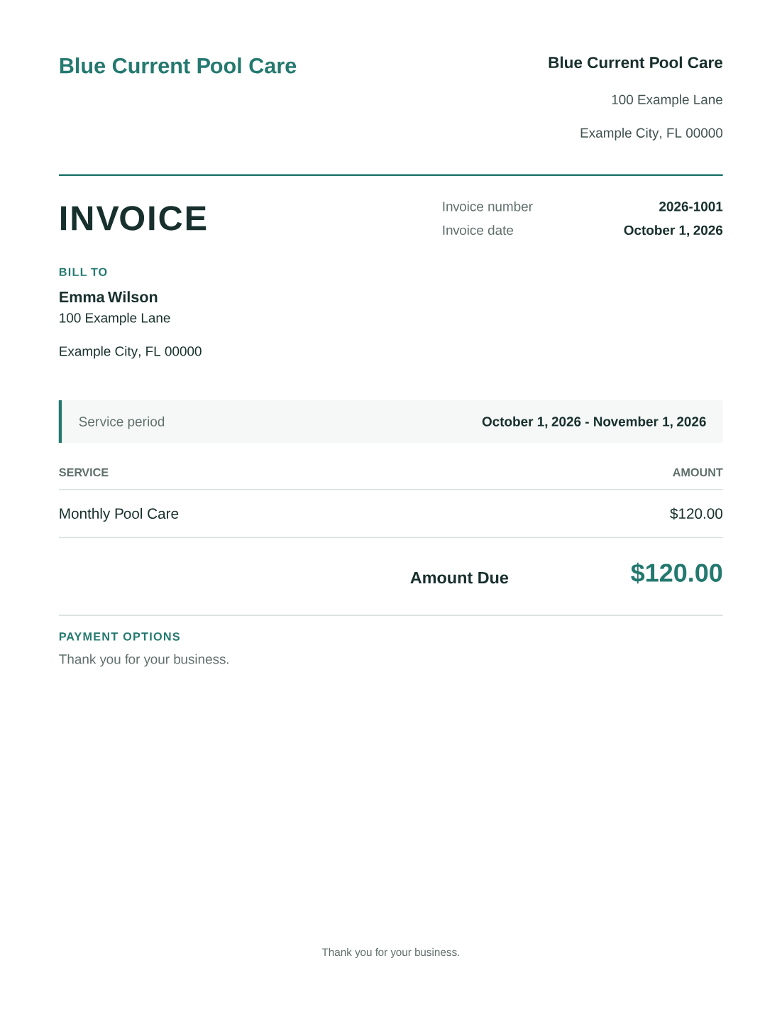 Sample Emma Wilson invoice for pool care, $120