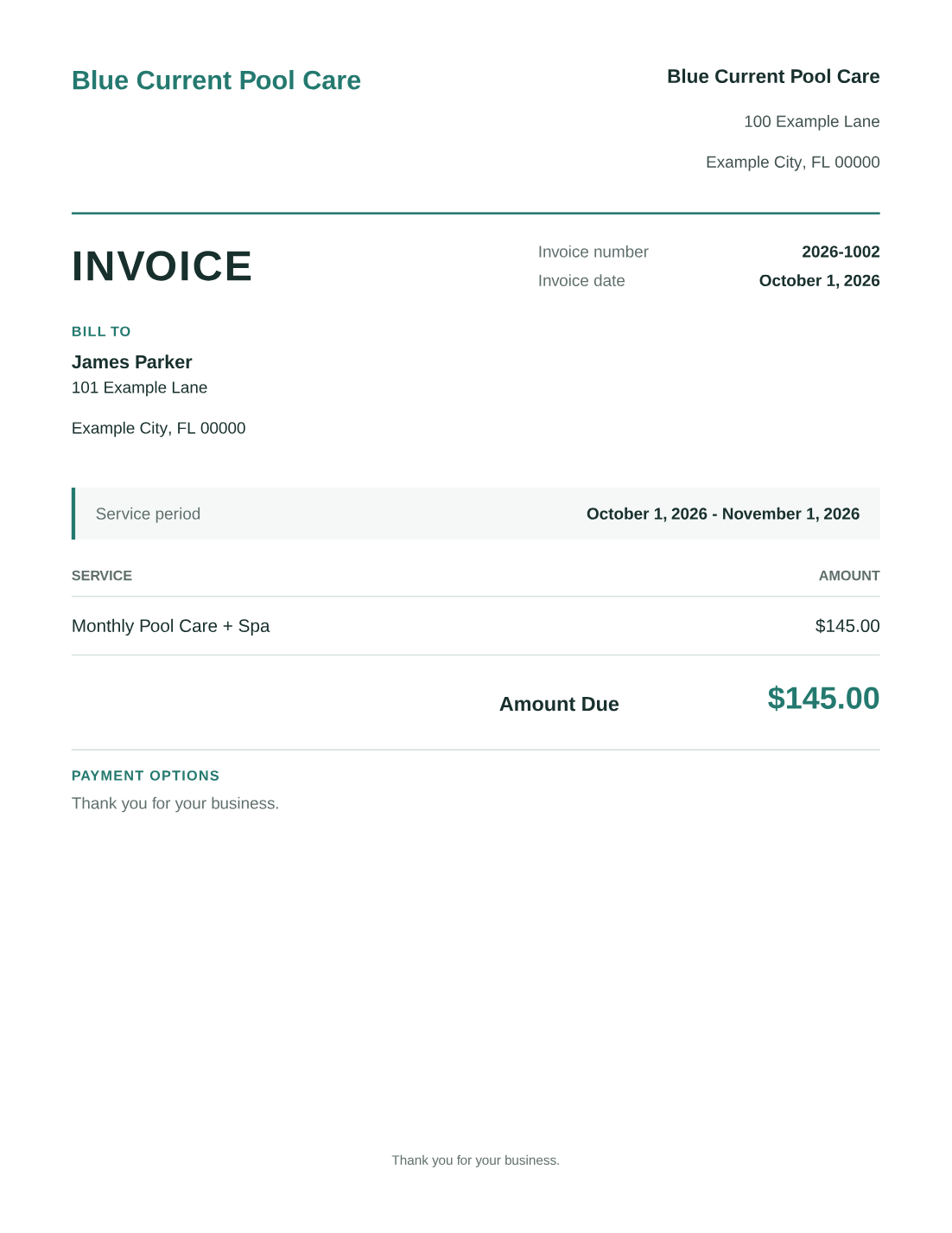 Sample James Parker invoice for pool care plus spa service, $145