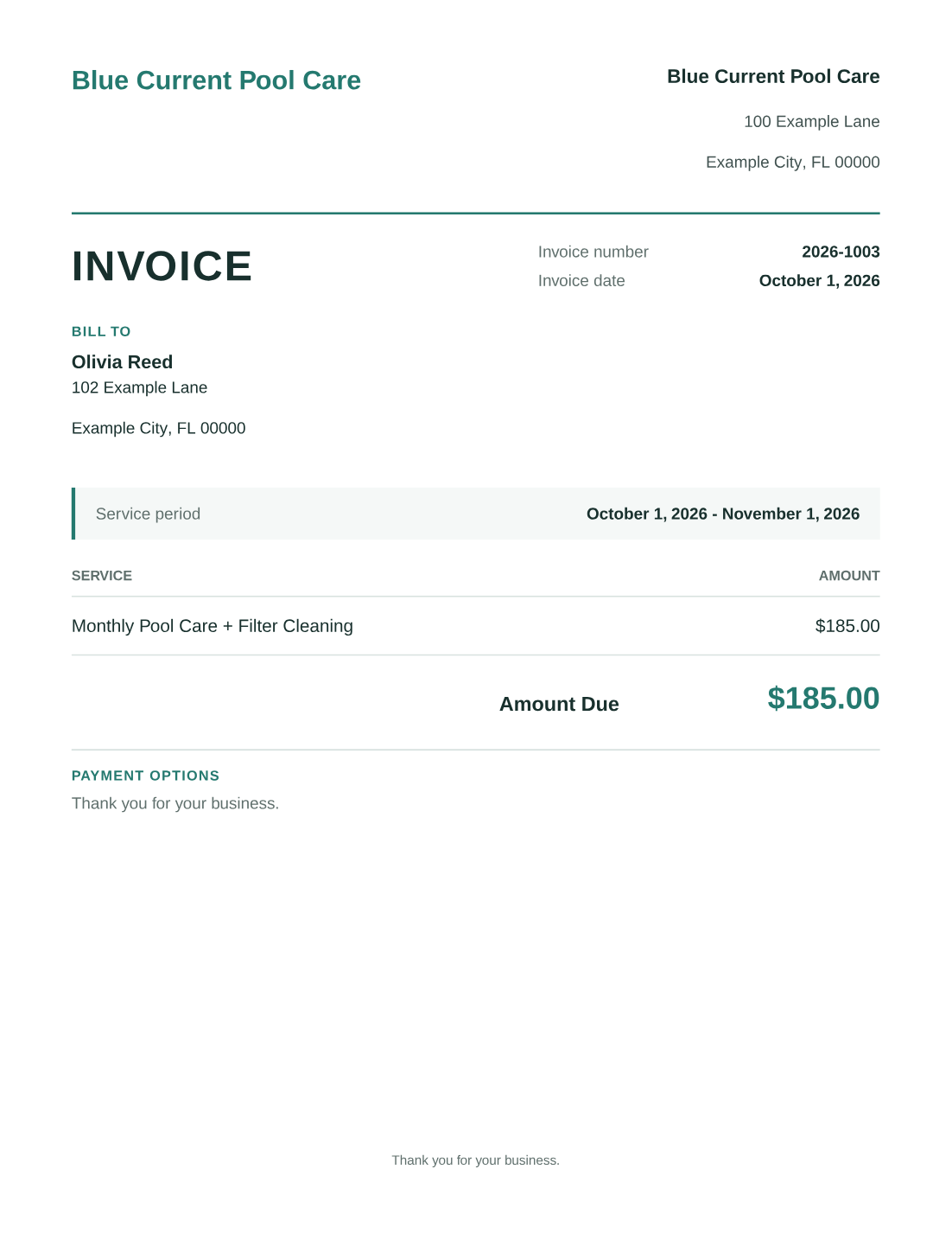 Sample Olivia Reed invoice for pool care plus filter cleaning, $185